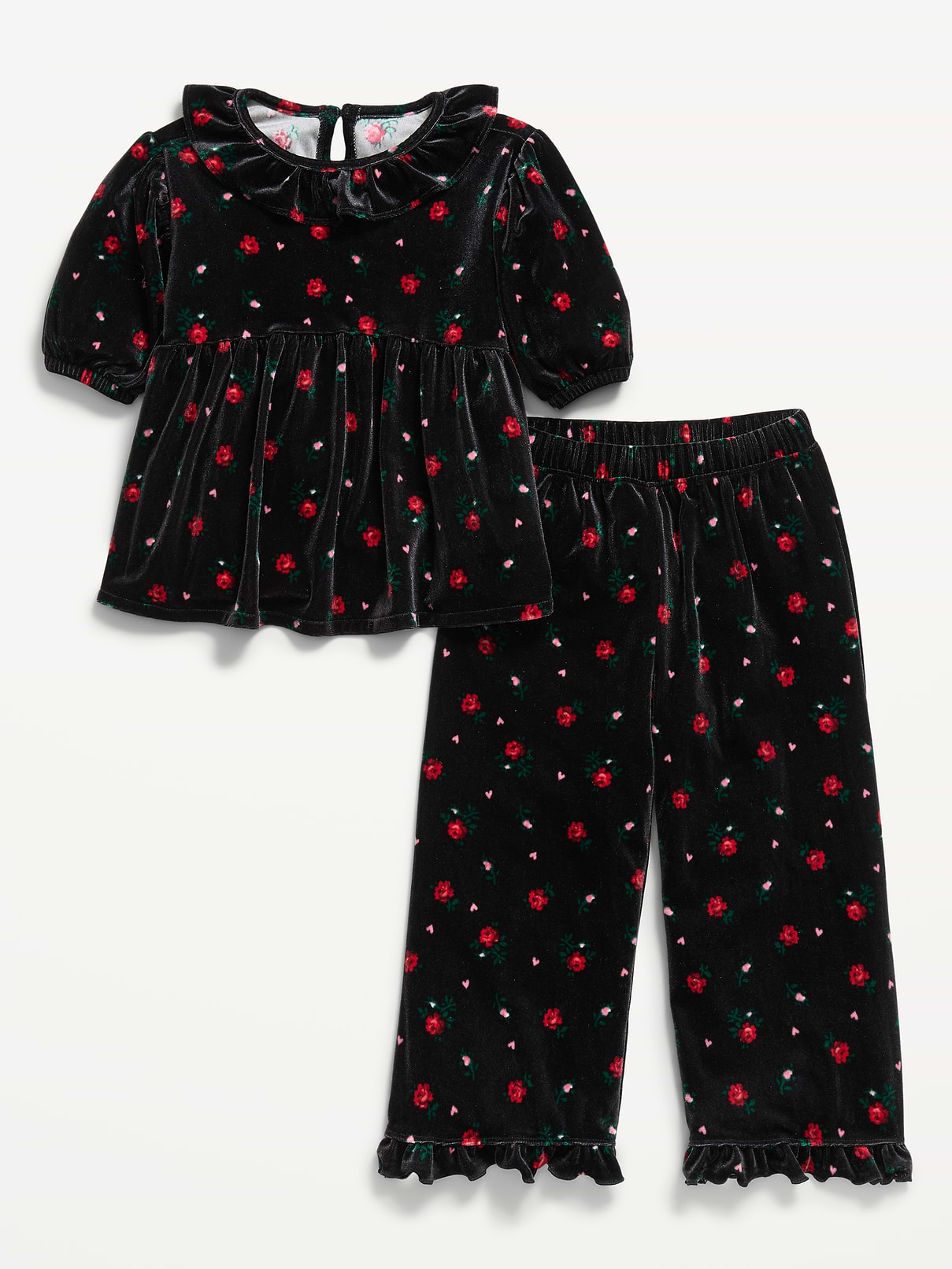 Image 1 of 2, round neckline, short puff sleeves, seamed waist, matching pants, elasticized waistband, wide leg, ruffled leg cuffs, all-over print, Product #909141