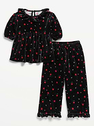 Image 1 of 2, round neckline, short puff sleeves, seamed waist, matching pants, elasticized waistband, wide leg, ruffled leg cuffs, all-over print, Product #909141