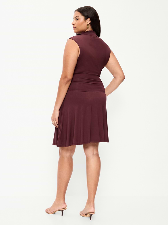 Gathered Mock-Neck Drop-Waist Mini Dress