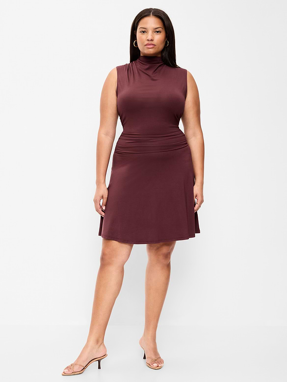 Gathered Mock-Neck Drop-Waist Mini Dress
