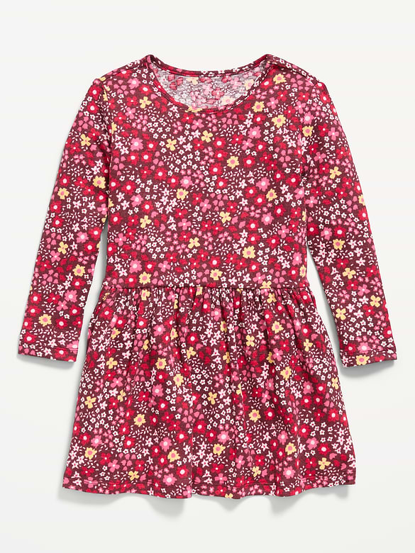 Printed Long-Sleeve Ribbed Dress for Toddler Girls