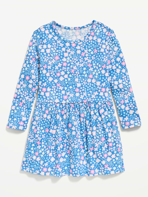 Printed Long-Sleeve Ribbed Dress for Toddler Girls