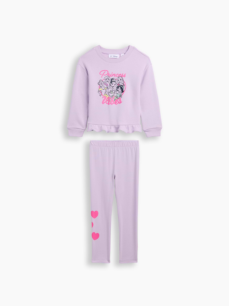 Image 1 of 3, These characters make every day more special., Comfy fleece sweatshirt, soft jersey bottoms., Dropped shoulder, long sleeves with banded cuffs., Crewneck., Graphic at front., Ruffle hem., Elasticized waist at bottoms., Graphic at leg., Product #1178457