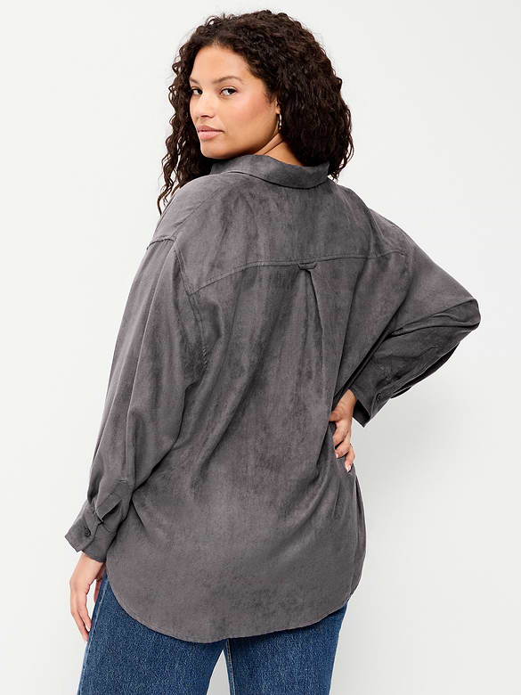 Oversized Faux-Suede Button-Down Boyfriend Shirt