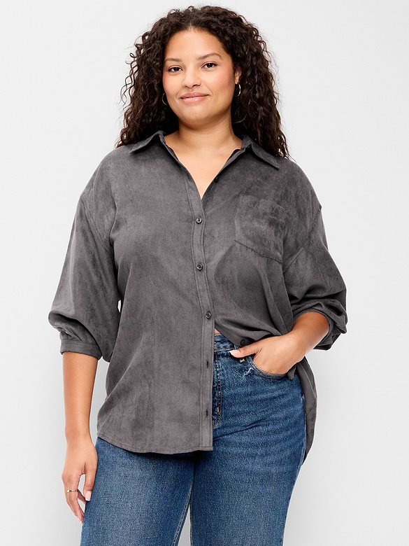 Oversized Faux-Suede Button-Down Boyfriend Shirt