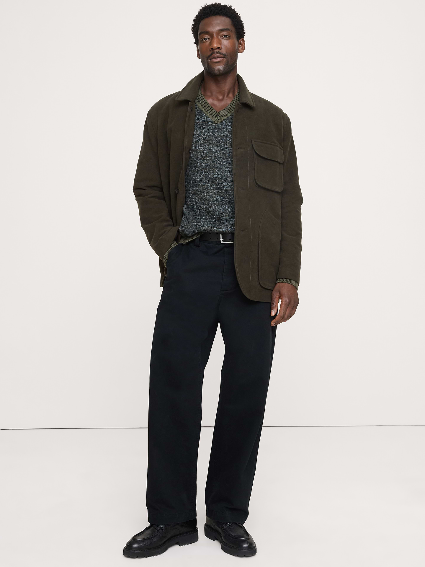 Image 1 of 8, Our take on the historical walking jacket, we cut this one from Italian cotton moleskin—a fabric we adore for its suede-like look and ultra-soft feel against the skin. Plus, we added three pockets inside to keep the essentials organized., Relaxed Fit: A straight & roomy fit with dropped shoulder seams., Fabric from Italy's Emmetex mill., Point collar with button front., Two exterior pockets, three interior pockets., Fully lined., Product #906803