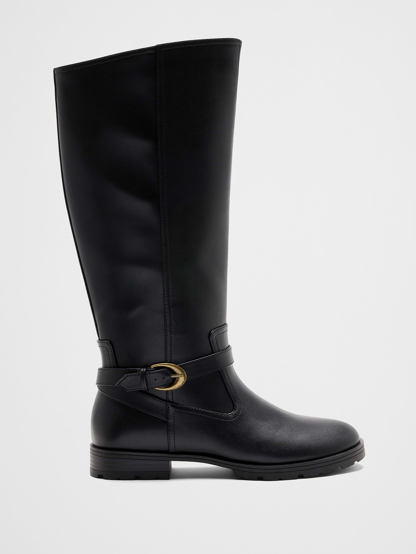 Image 1 of 5, Timeless and versatile, this vegan leather riding boot brings classic equestrian-inspired style to any wardrobe. Crafted with a sleek knee-high silhouette, this polished boot features a smooth vegan leather upper and a decorative buckle strap at the ankle for a refined finishing touch., Round toe design., Low stacked heel., Decorative ankle strap with antique-finish buckle detail., Made exclusively for Banana Republic Factory., Product #1176345
