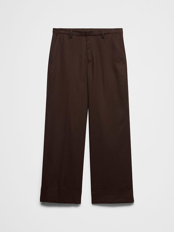 Wide-Leg Mid-Rise Drapey Twill Cuffed Pant