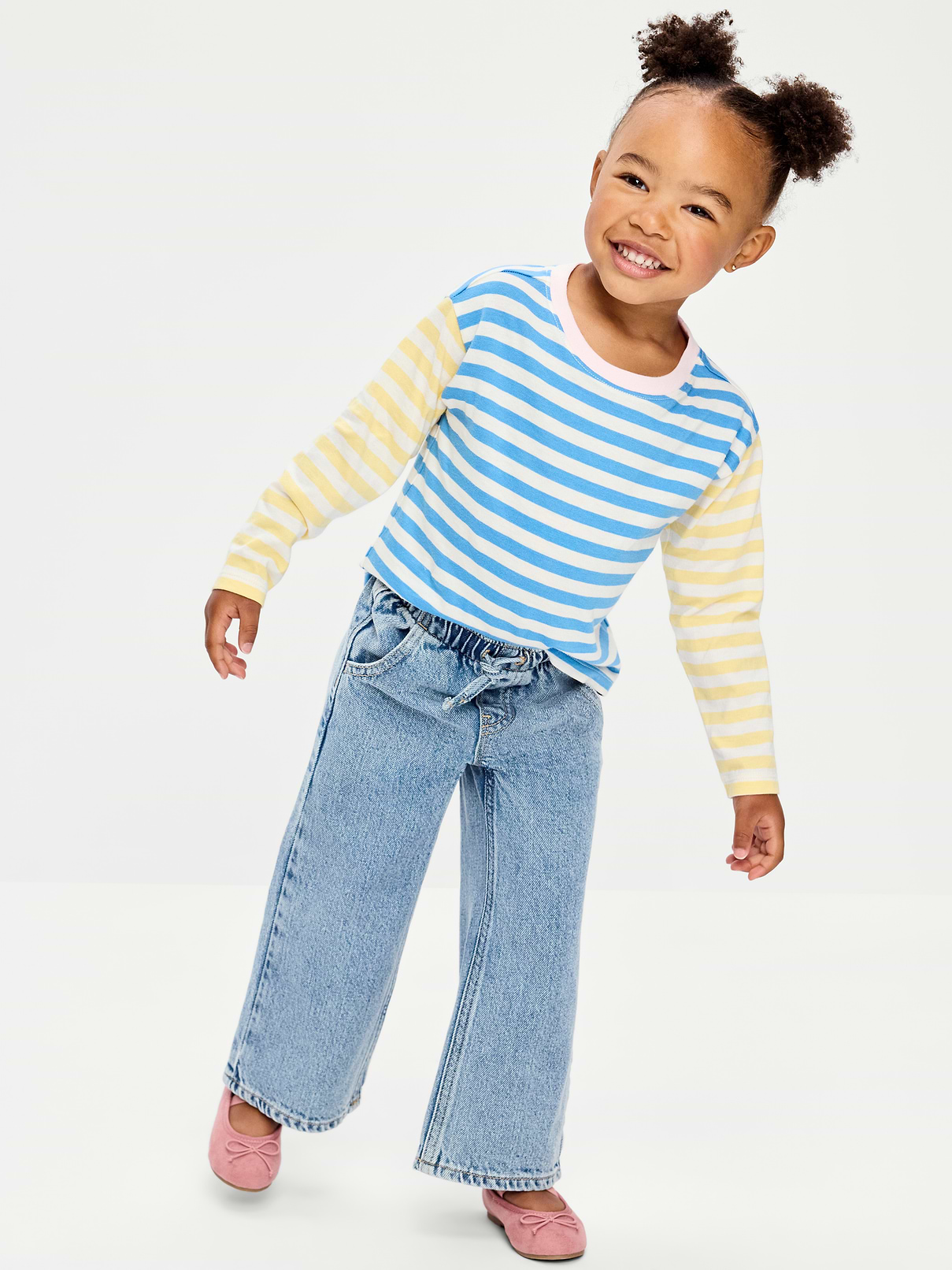 Image number 1 showing, High-Waisted Baggy Wide-Leg Pull-On Jeans for Toddler Girls