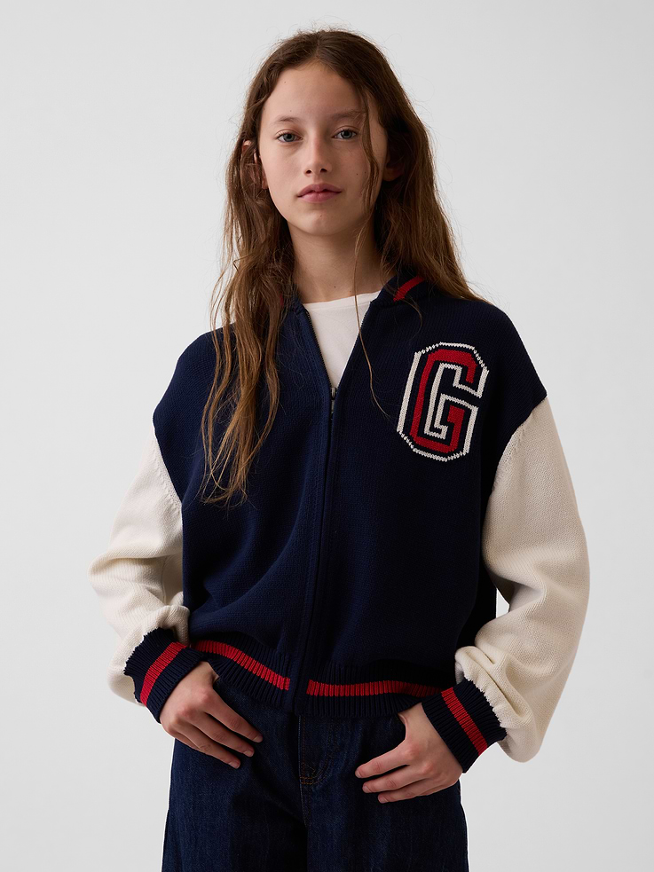 Image number 1 showing, Kids 100% Cotton Relaxed Varsity Sweater Jacket