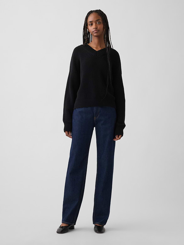 100% Cotton Oversized Shaker V-Neck Sweater