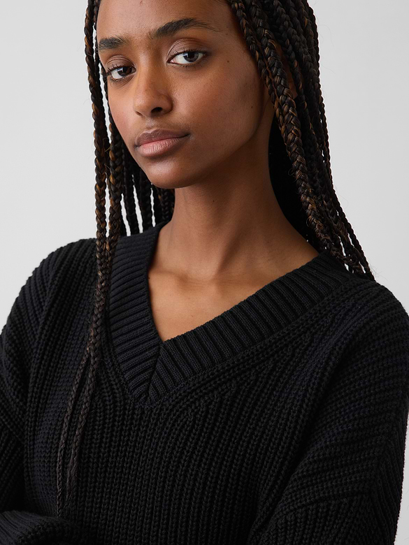 100% Cotton Oversized Shaker V-Neck Sweater