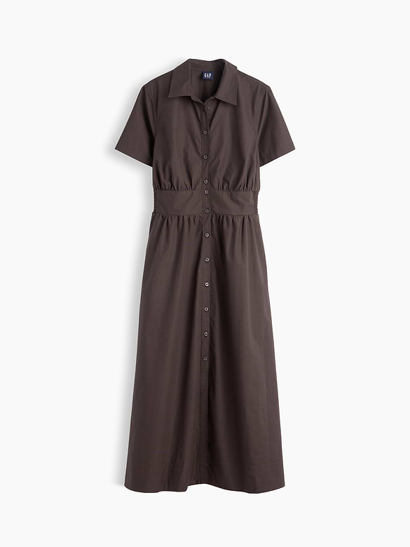 Poplin Smocked-Waist Maxi Shirtdress