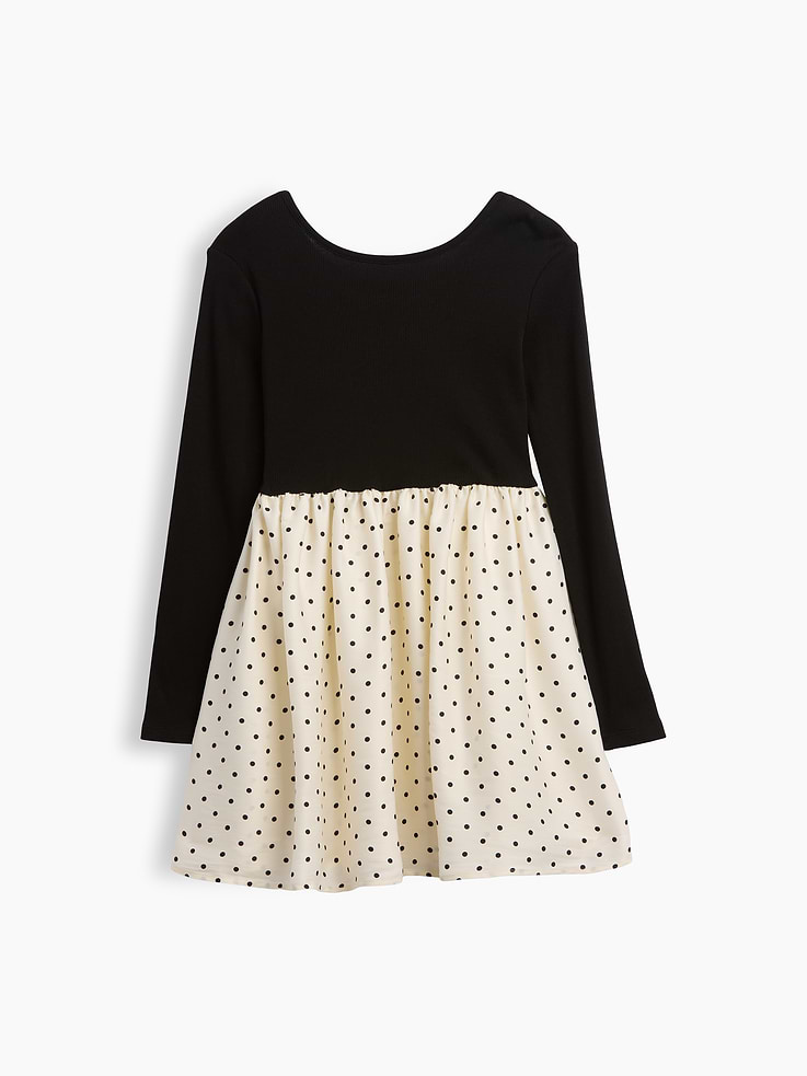 Image 1 of 3, Soft ribbed top, smooth woven skirt., Long sleeves., Round neckline., Shirring at waist., Select styles have allover print or plaid at skirt., Product #1187025