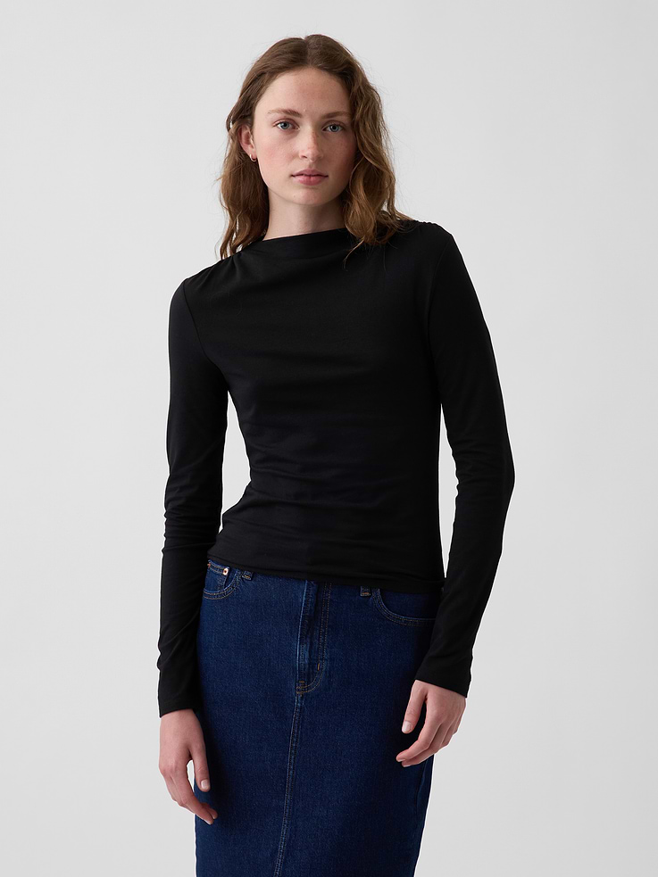 Image number 1 showing, CloseKnit Jersey Funnel-Neck Ruched T-Shirt