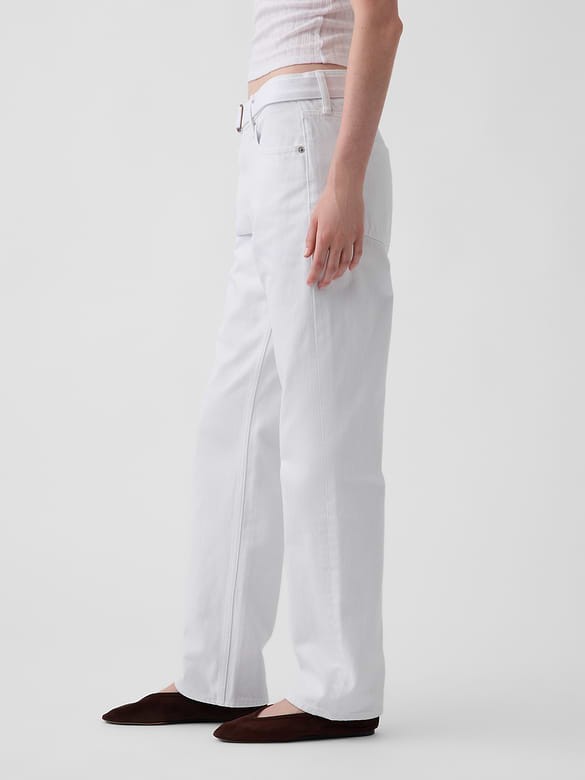 Mid Rise Belted Straight Taper Jeans