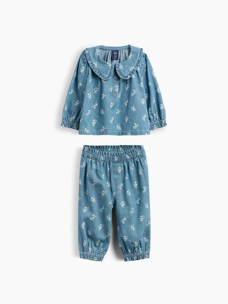 Image number 1 showing, Baby Floral Denim Outfit Set