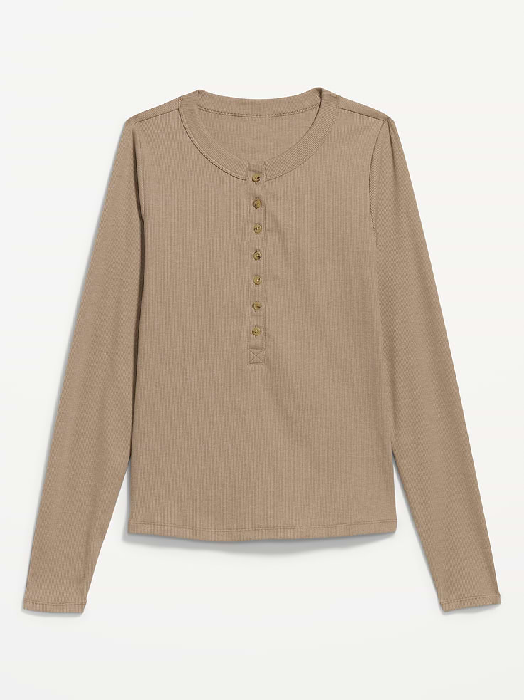 Image 1 of 6, A skimming fit that hugs your bod just right., crew neck, long sleeves, henley placket, Product #909495
