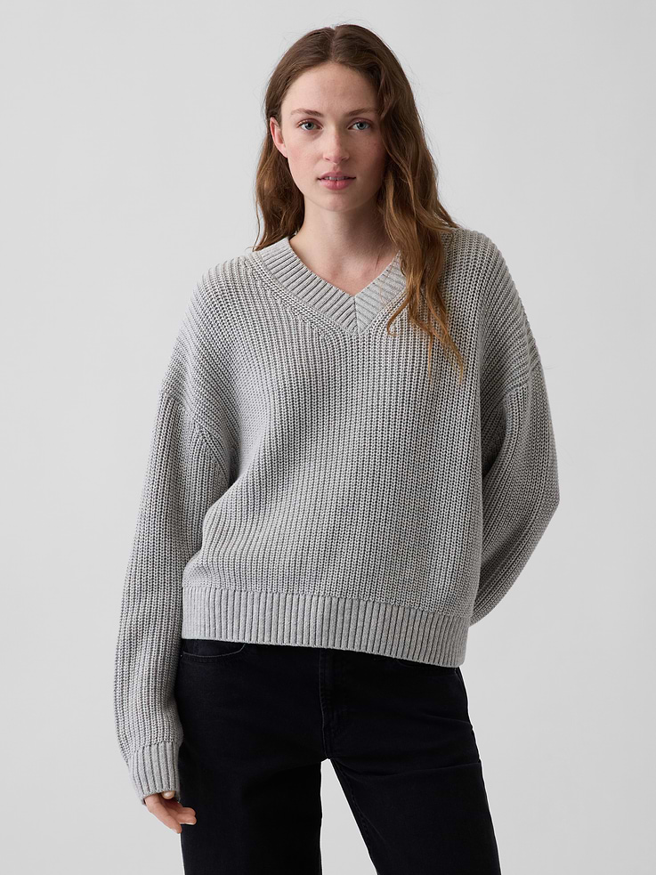 Image number 1 showing, 100% Cotton Oversized Shaker V-Neck Sweater