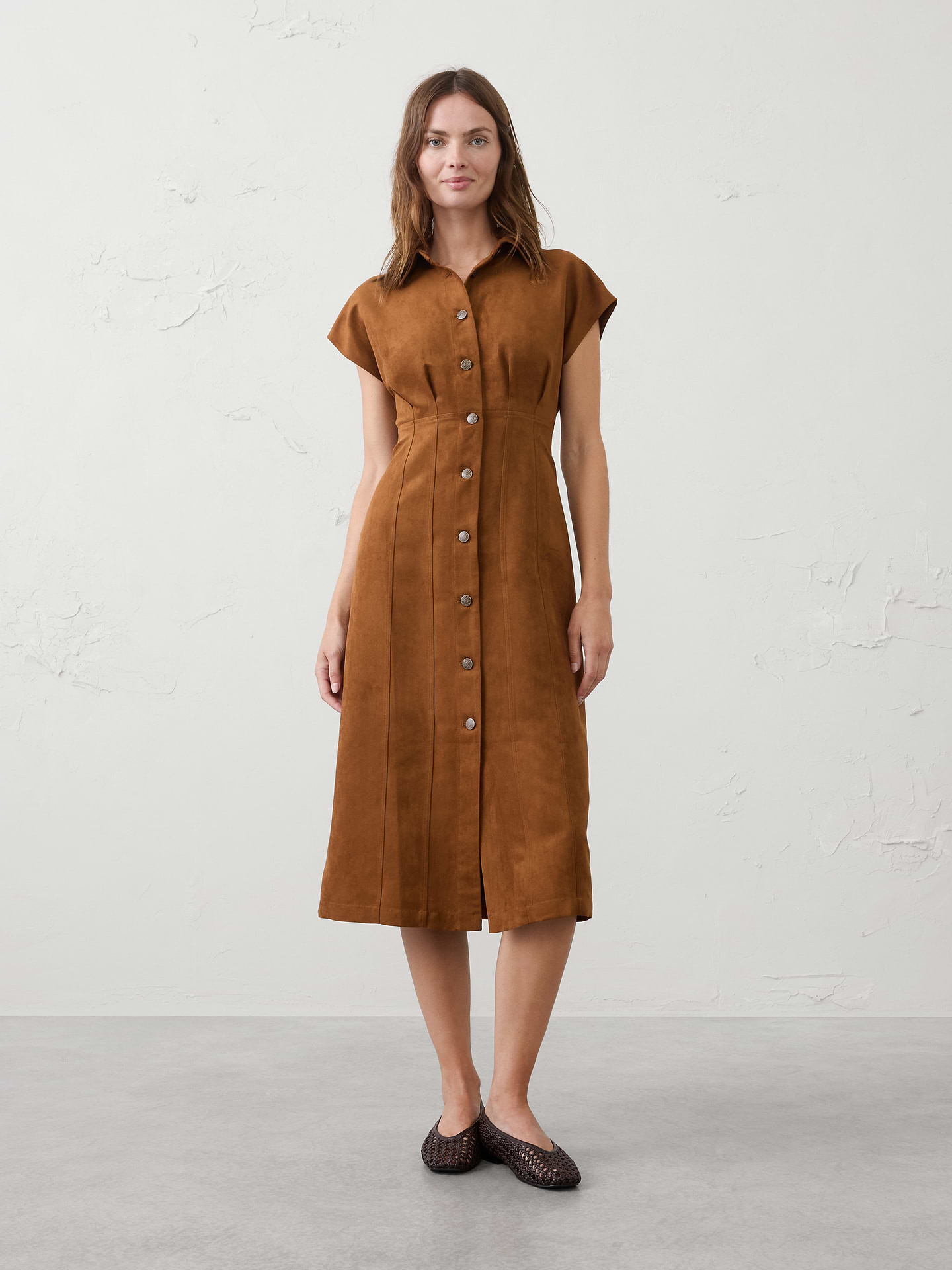 Image number 1 showing, Vegan Suede Seamed Midi Shirtdress