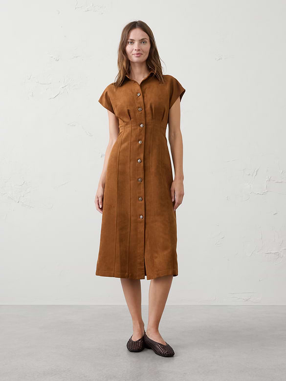 Vegan Suede Seamed Midi Shirtdress