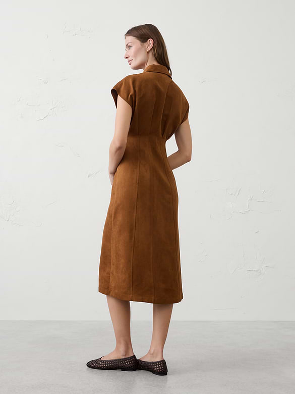 Vegan Suede Seamed Midi Shirtdress