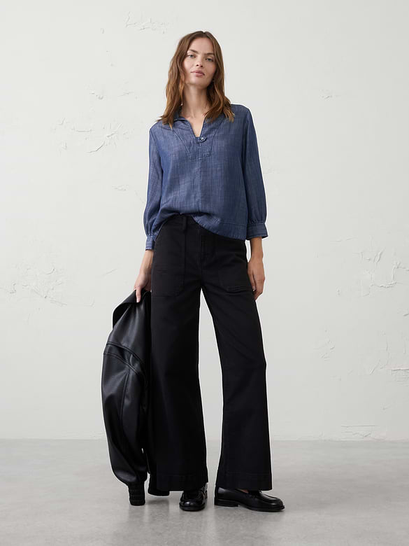 Denim Collared Tab Pullover Top
