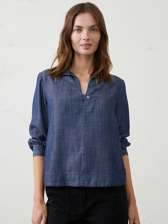 Denim Collared Tab Pullover Top