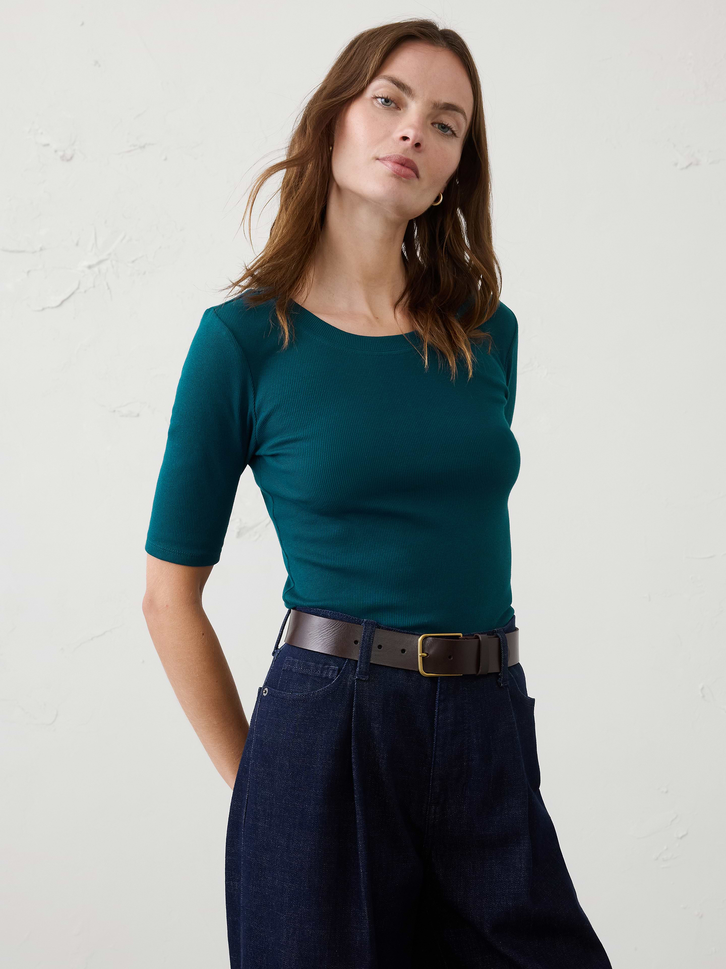 Image number 1 showing, Ribbed Elbow-Sleeve T-Shirt