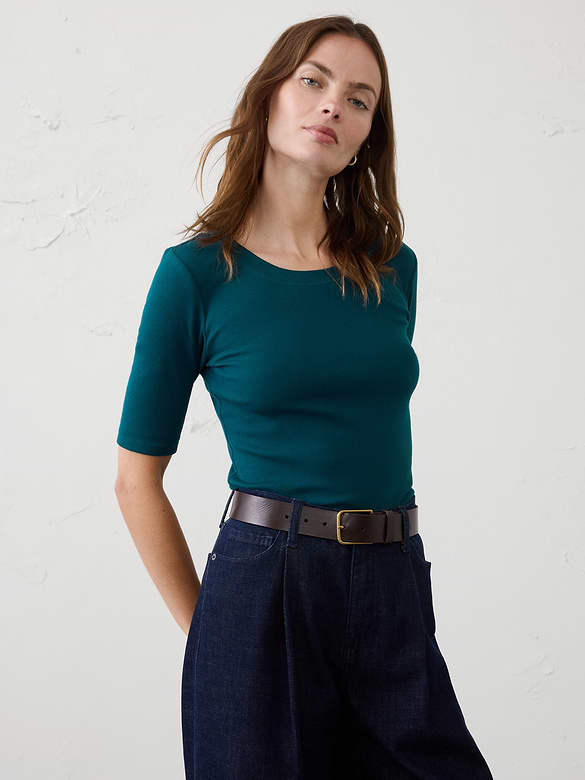 Ribbed Elbow-Sleeve T-Shirt