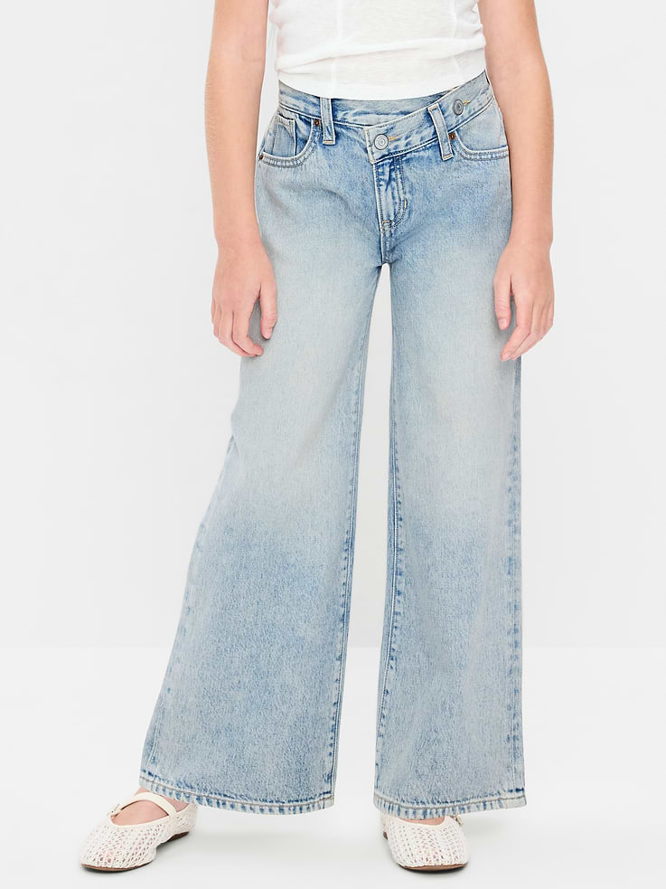 Image 1 of 5, mid rise, interior adjustable waistband, crossover waist, snap button closures (sizes 5-8), regular button closures (sizes 10-20), zip fly, scoop pockets and coin pocket, patch pockets at back, wide leg, Product #897509