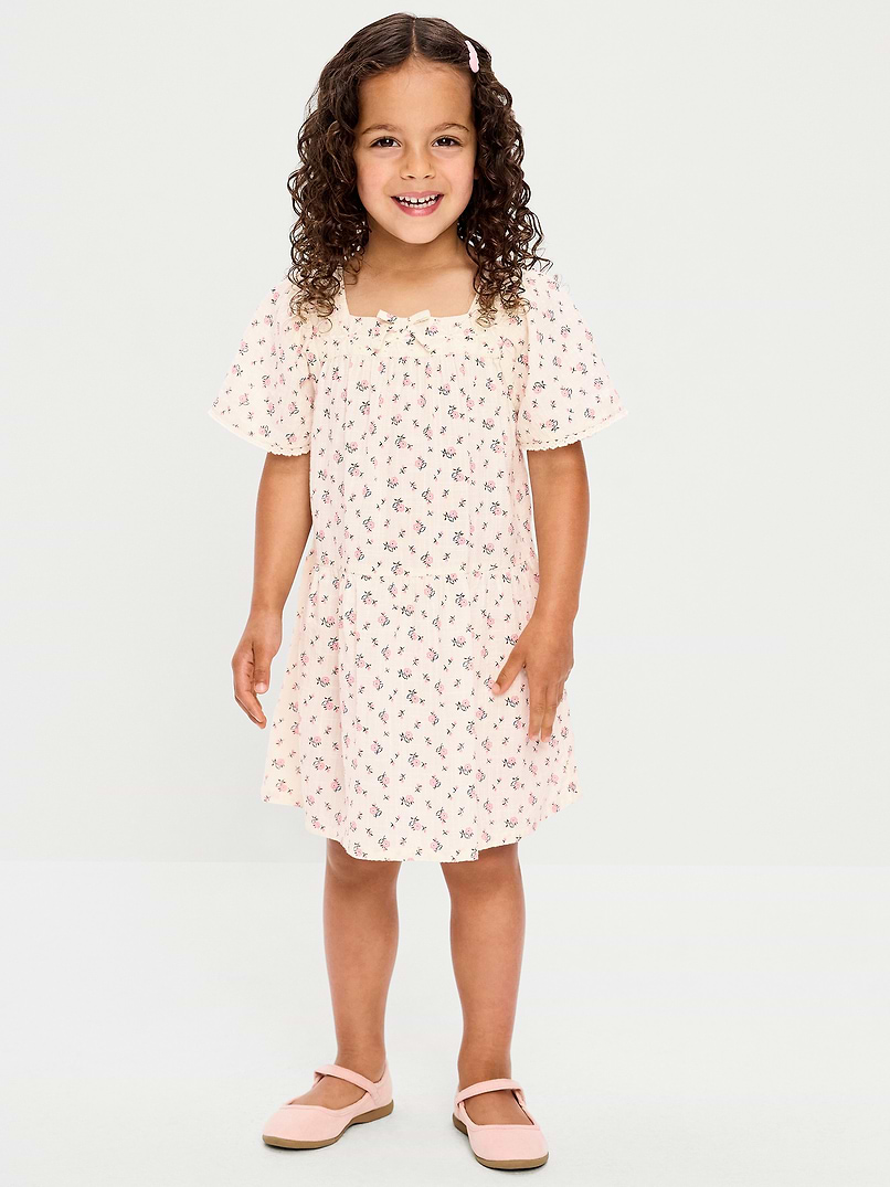 old navy toddler dresses Printed Short-Sleeve Dress for Girls - White Vintage Style Lyra - grade_a Short sleeve square neckline short flutter Color:Putty