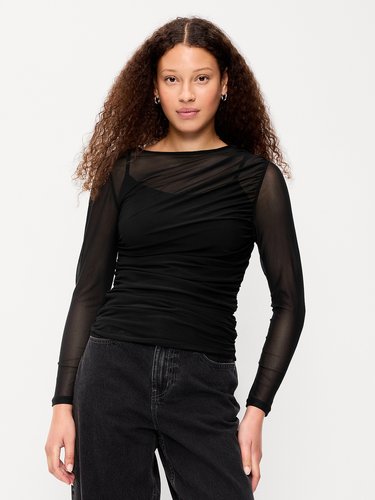 Long-Sleeve Asymmetrical Unlined Mesh Top | Old Navy