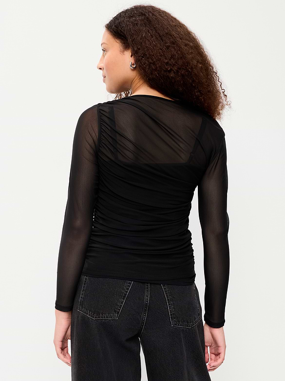 Long-Sleeve Draped Mesh Top