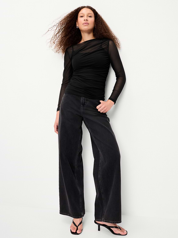 Long-Sleeve Draped Mesh Top