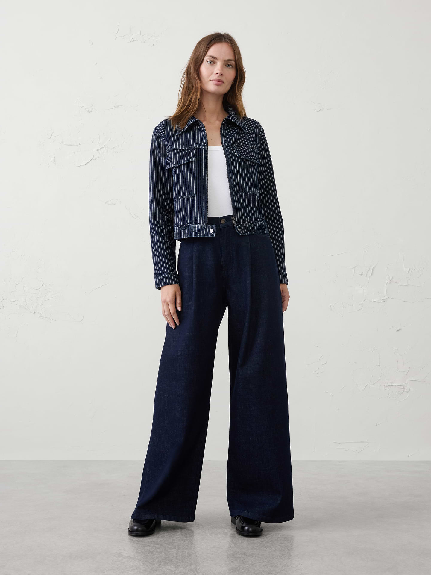 Image number 1 showing, Denim Pinstriped Cropped Jacket