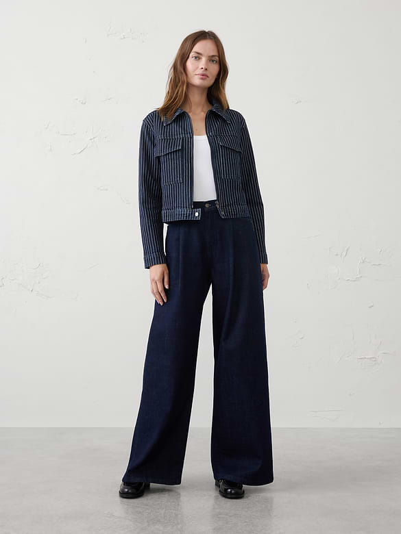 Denim Pinstriped Cropped Jacket