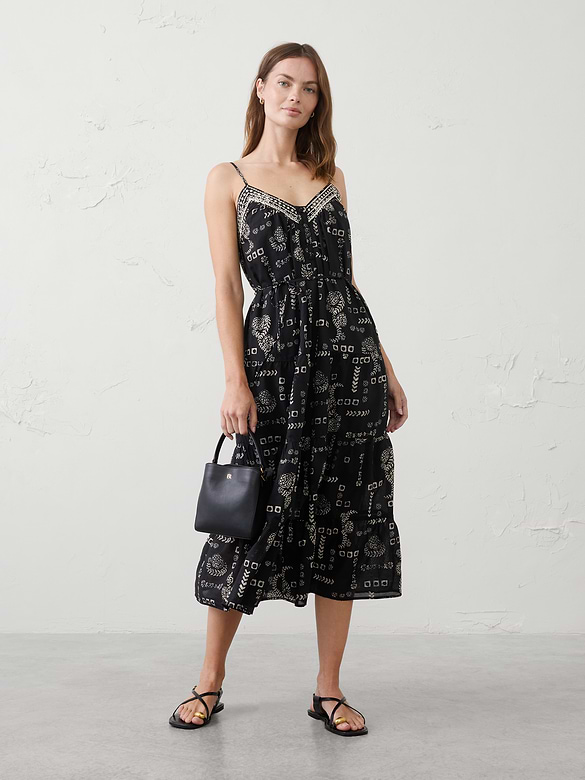 Strappy Embroidered Tiered Midi Dress