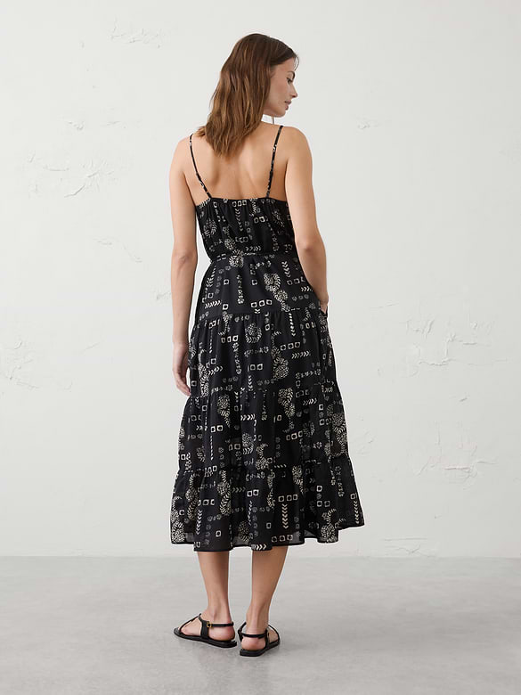 Strappy Embroidered Tiered Midi Dress