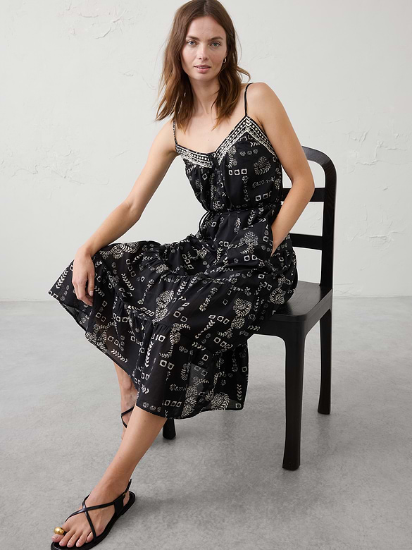 Strappy Embroidered Tiered Midi Dress