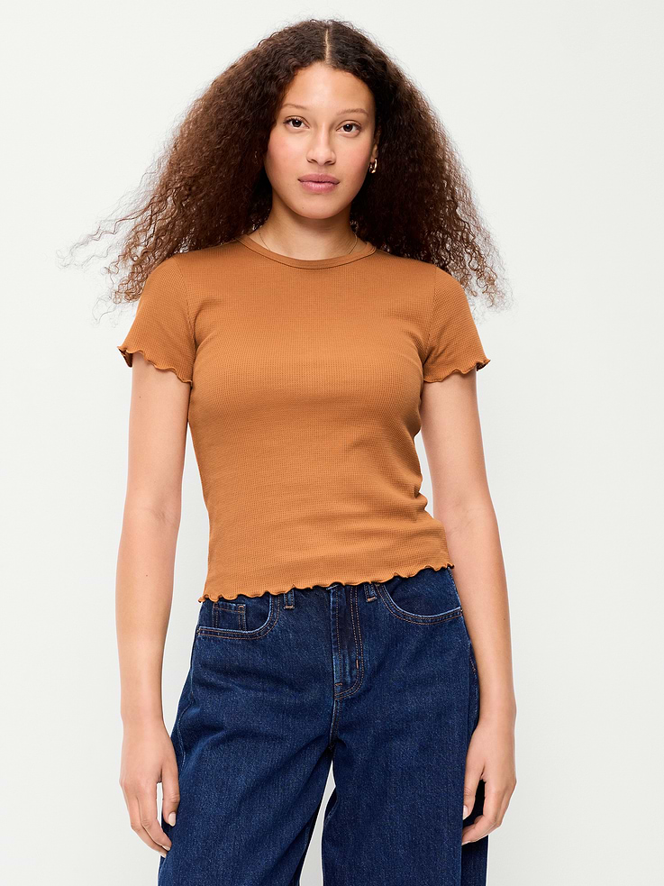 Image number 1 showing, Fitted Waffle-Knit Cropped T-Shirt