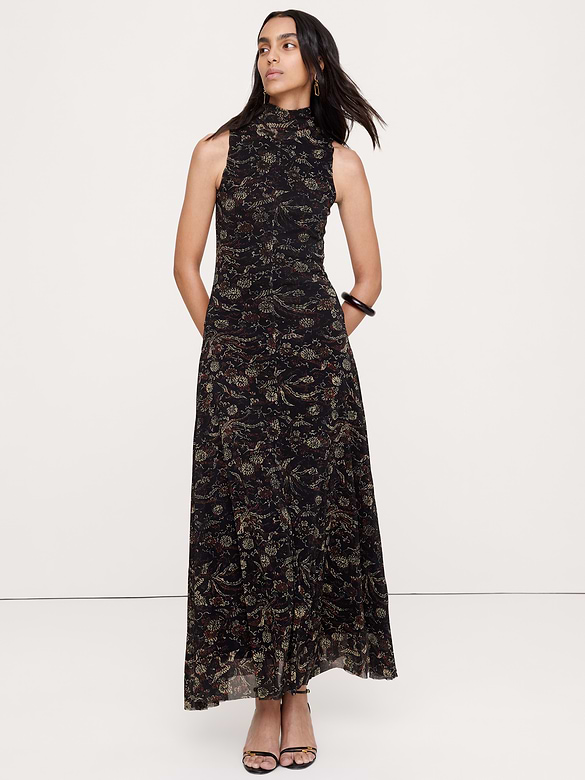 Mesh Tie-Neck Maxi Dress