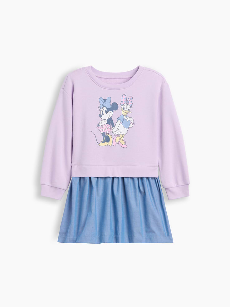 Image 1 of 3, These characters make every day more special., Comfy fleece sweatshirt, smooth twill skirt., Dropped shoulder, long sleeves with banded cuffs., Crewneck., Graphic at front., Shirring at elasticized waist., Select styles have allover print at skirt., Product #1178460