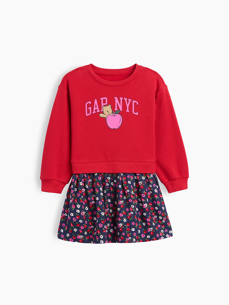 Image 1 of 3, Comfy fleece sweatshirt, smooth twill skirt., Dropped shoulder, long sleeves with banded cuffs., Crewneck., Graphic at front., Shirring at elasticized waist., Allover print at skirt., Product #1178459