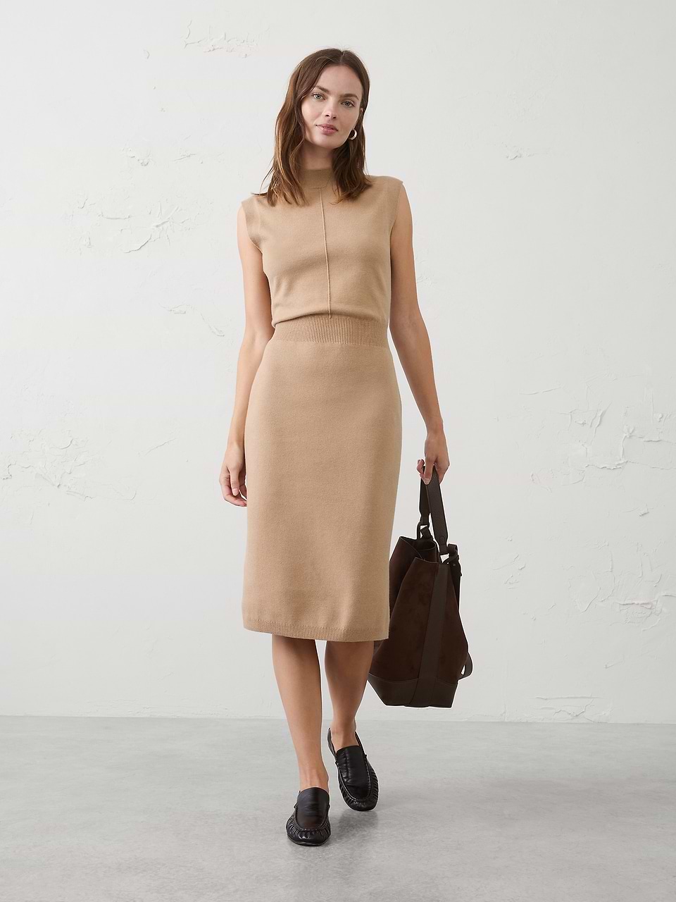 blouson knit dress Mock-Neck Midi Sweater Nissa Clothing