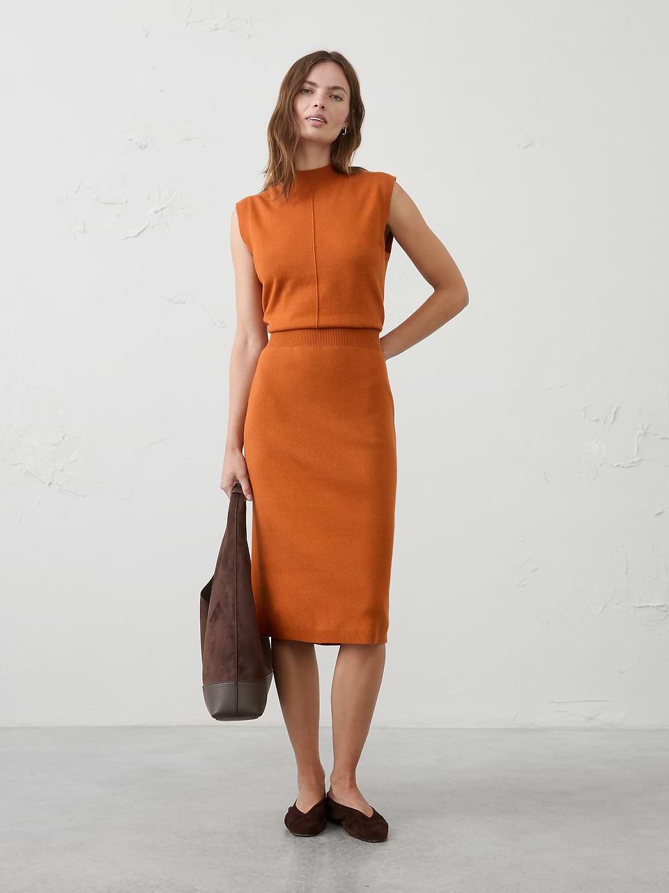 blouson knit dress Women's Mock-Neck Midi Sweater Pumpkin Spice Regular Size XS Nissa Clothing