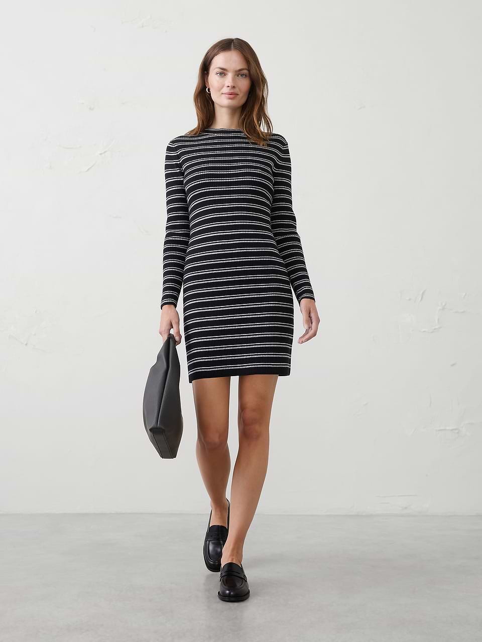 Women's Ribbed Mock-Neck Mini Sweater Dress Black Stripe Tall Size M