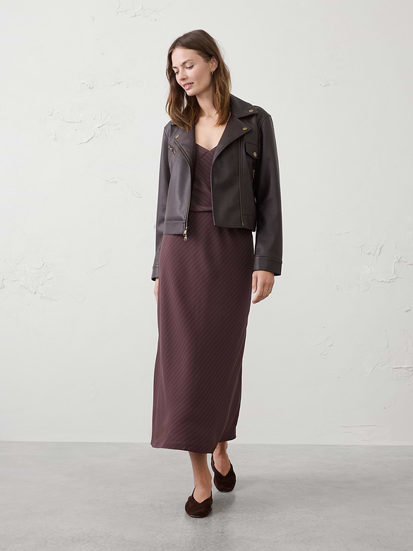 Crepe Pinstripe Pull-On Midi Skirt