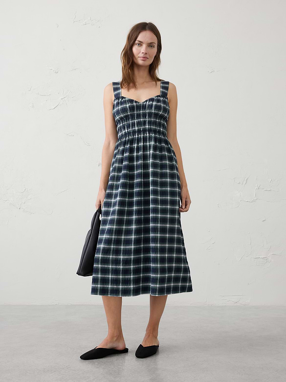 Shirred-Bust Empire-Waist Midi Dress