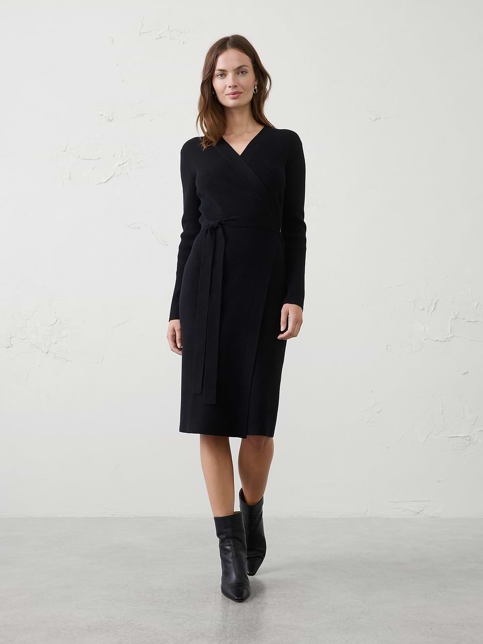 Women's Ribbed Wrap Sweater Midi Dress Black Regular Size L